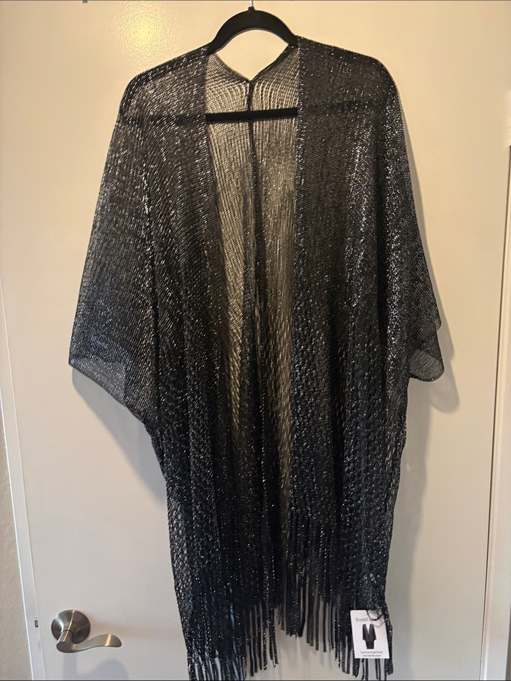 Metallic Black Fringe Open-Front Kimono